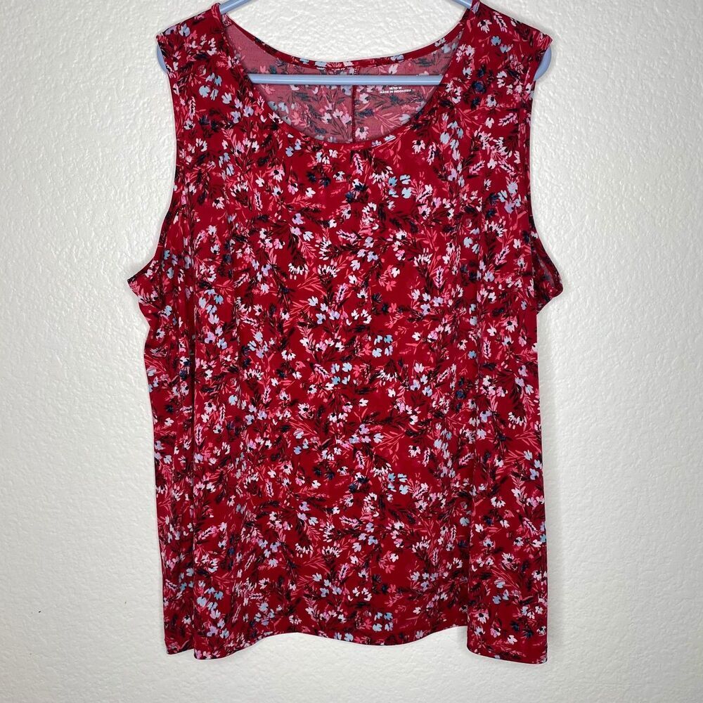 Catherines red floral slinky tank top round neck stretch picnic career girly 1x